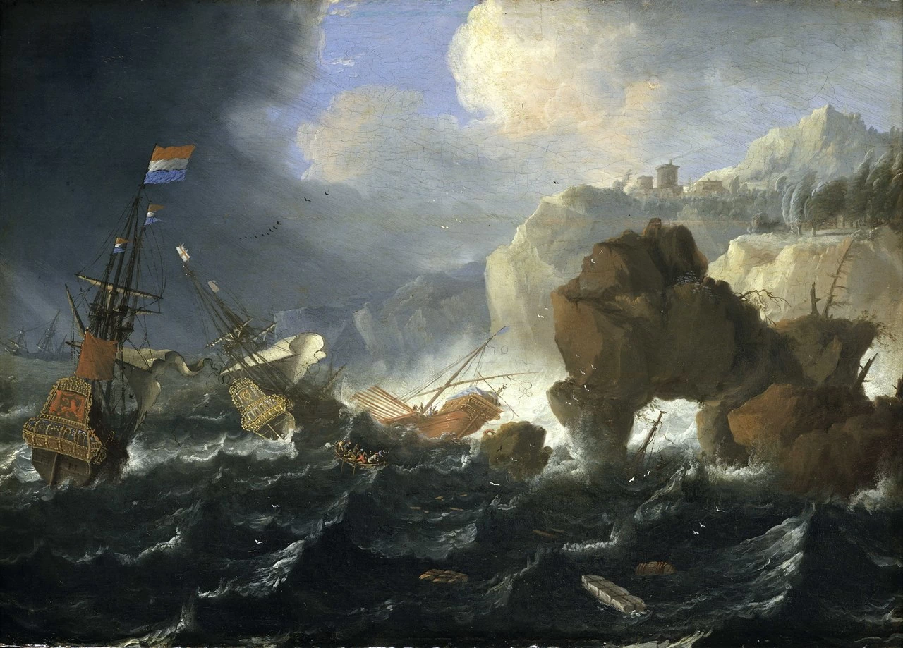 Navi e una galea naufragate su una costa rocciosa - Royal Museums Greenwich